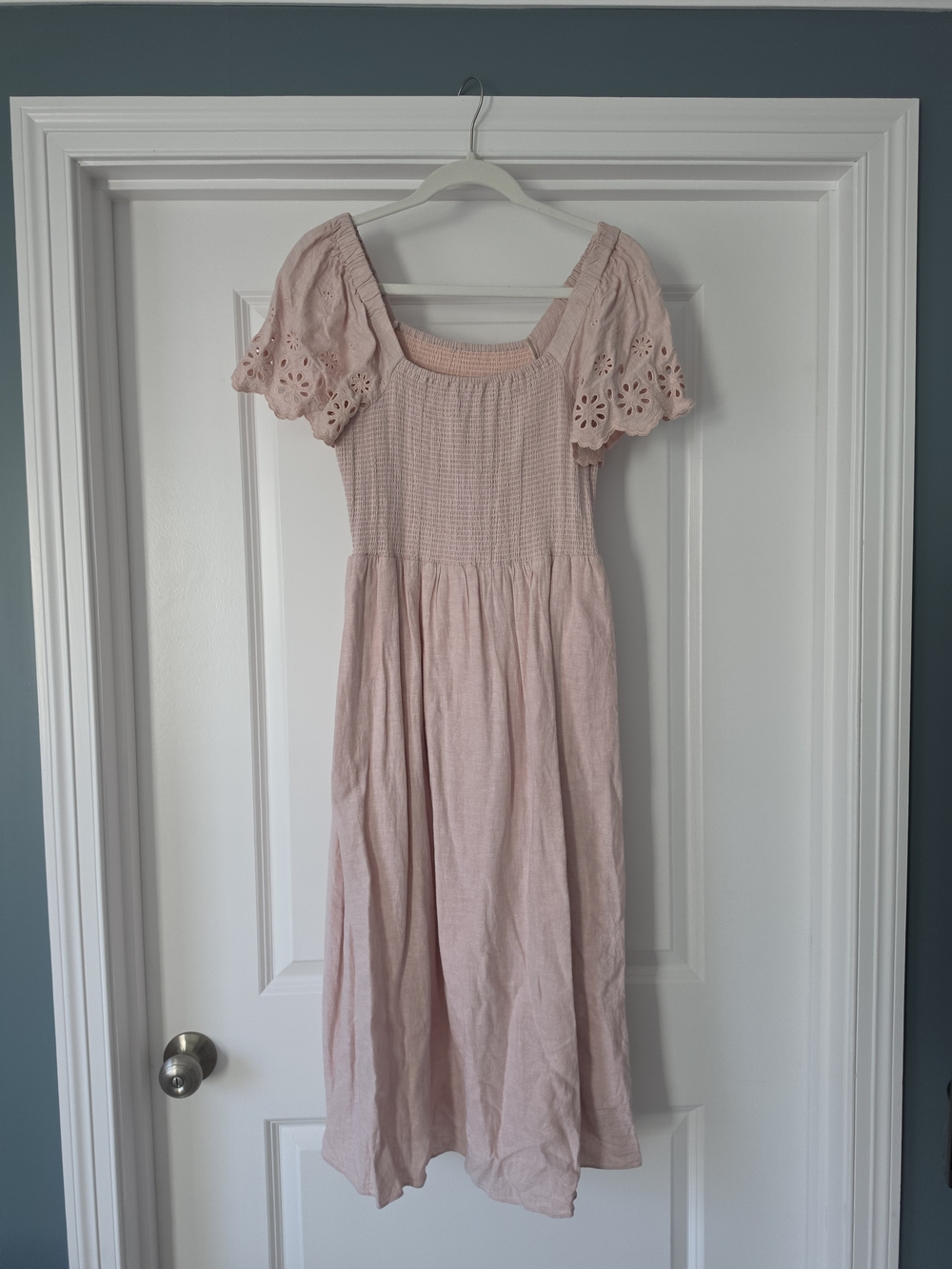 Blush Pink Smocked Midi Dress with Eyelet Puff Sleeves